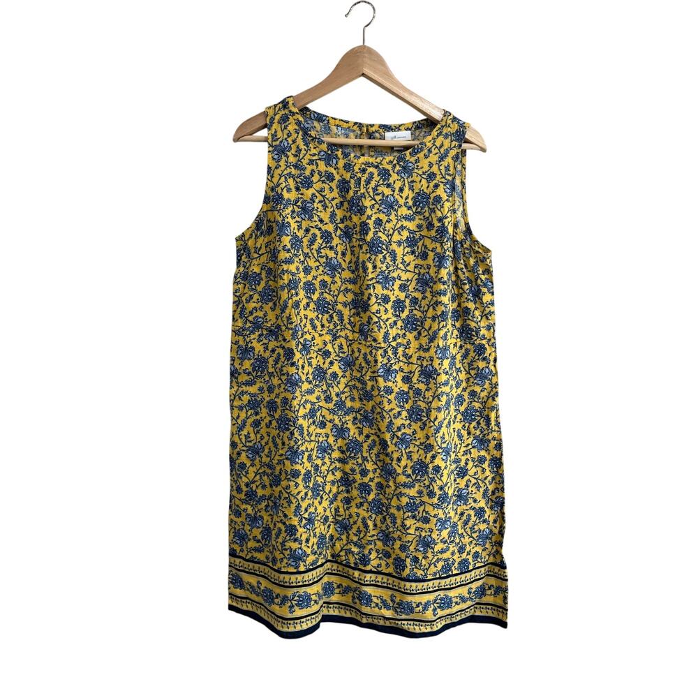 J.Jill Love Linen Lightweight Yellow Blue Floral Shift Dress Pockets M Petite